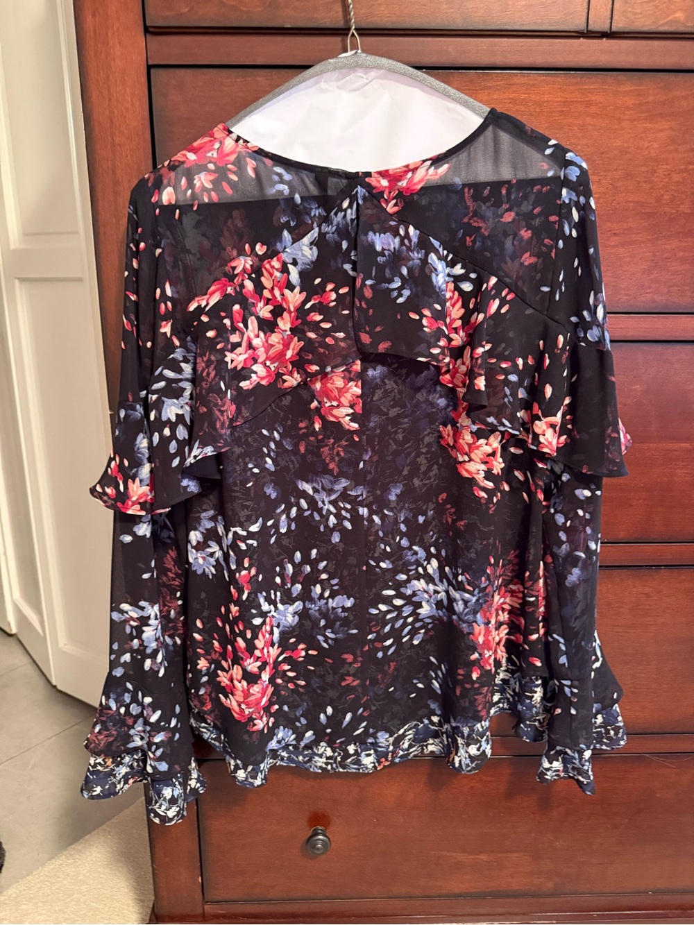 White House Black Market Black Floral Ruffle Blouse with Coral & Blue Accents